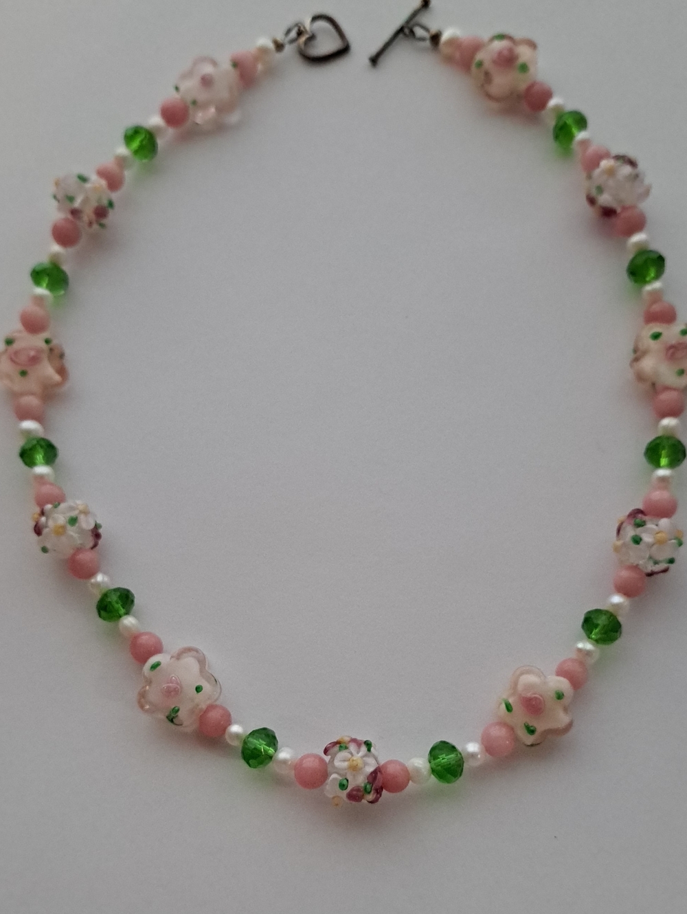 Handmade Pink & Green Floral Beaded Necklace - Women Jewelry